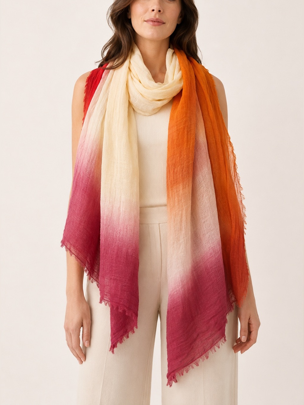 UASHMAMA Italy Cotton Ombre Square Scarf Orange Burgundy 53.5 Inch